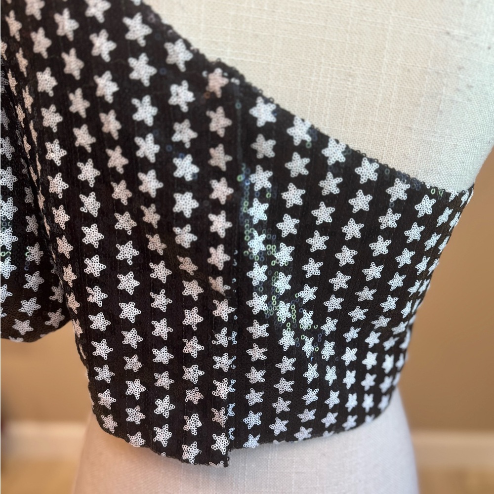 New! QUEEN OF SPARKLES Black and White Sequin Star One Shoulder Crop Top - Picture 7 of 7